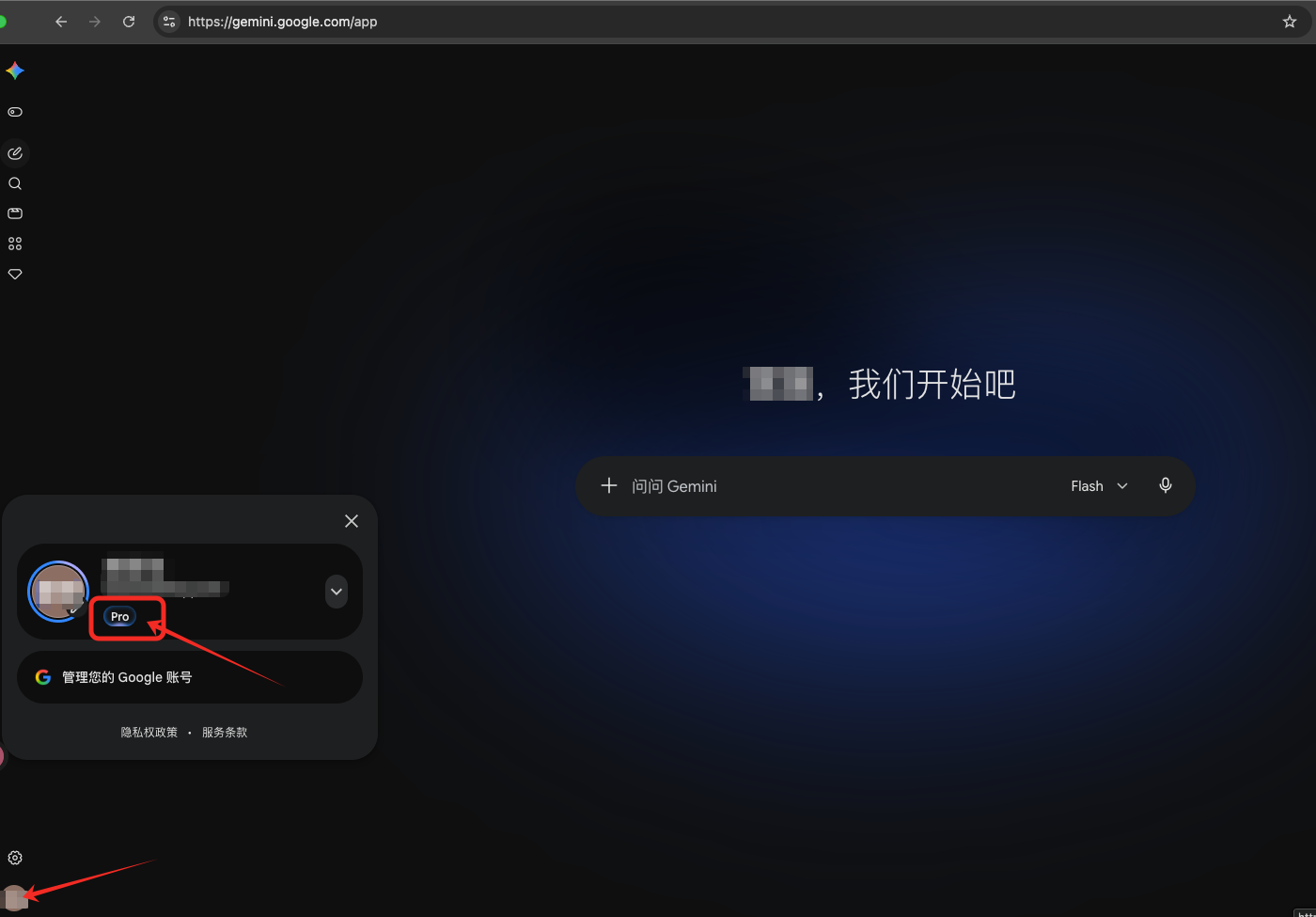 Gemini页面账号旁显示Pro标识