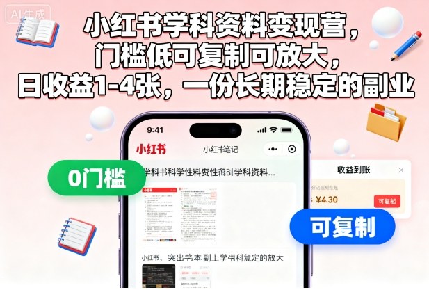 小红书学科资料变现营，门槛低可复制可放大，日收益1-4张，一份长期稳定的副业-红薯之家